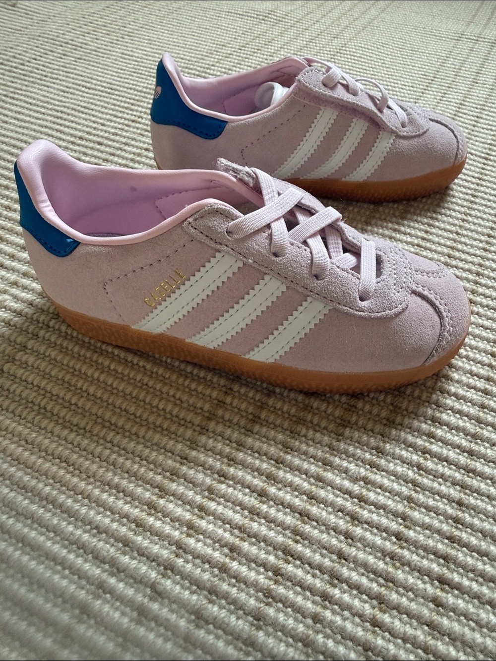 Adidas Gazelle toddler Pink Suede Sneakers with White Stripes and Blue Heel Tab